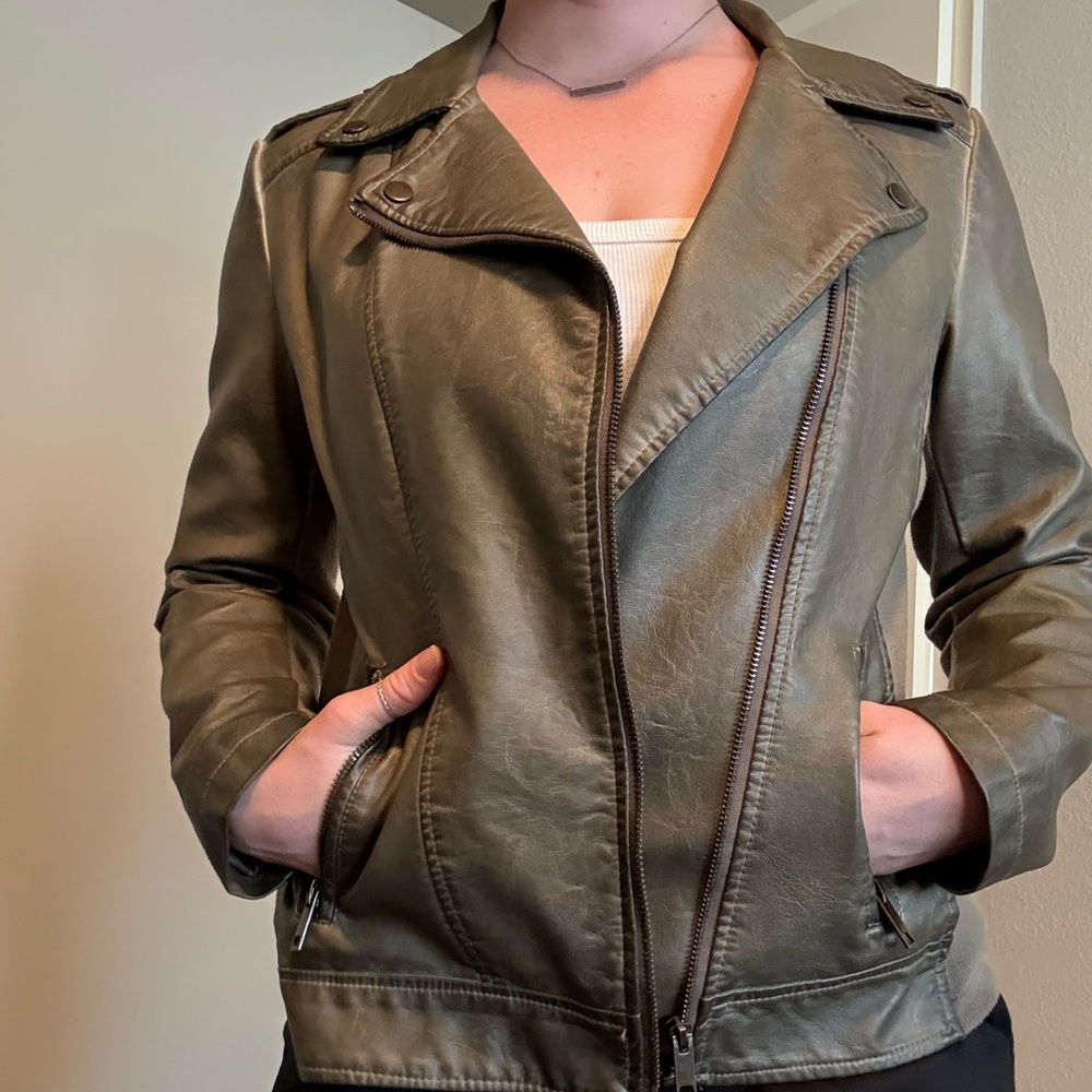 Olive Green Gray Women's Faux Leather Jacket